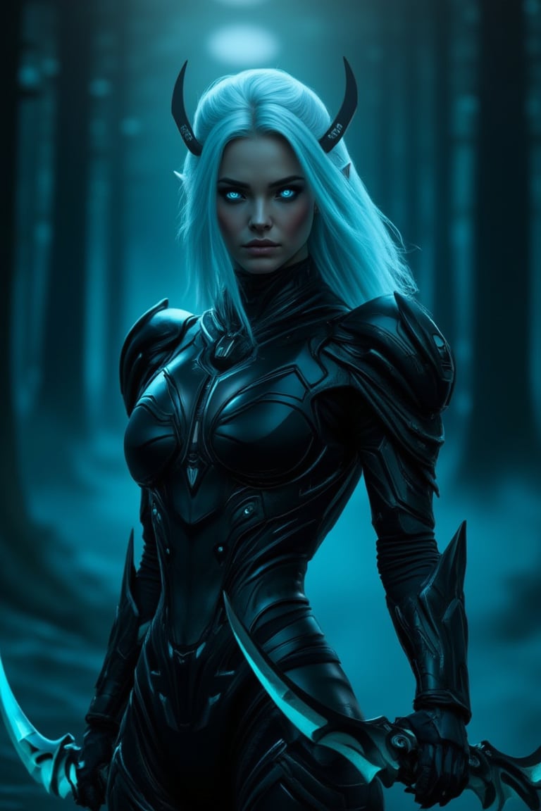 A striking elf woman with flowing white hair and glowing cyan neon eyes stands in a dark, moonlit forest. Clad in sleek, black assassin armor, black suit she wields curvy twin blades with deadly grace. posing like a ninja,  The cinematic mood is intense, with sharp contrast highlighting the shadows and the ethereal glow of her eyes. cinematic mood, low key style,  Fog swirls around her feet, adding a sense of mystery. The cool tones of cyan and deep blacks dominate the color palette, enhancing the dramatic and stealthy atmosphere., war twin blades,mecha,cyborg,hanxhelm