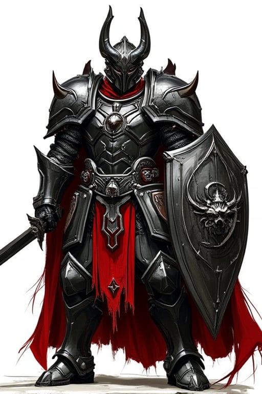 The image depicts a menacing, armored warrior, likely from a fantasy or dark medieval setting. The character is adorned in heavy, intricately designed plate armor with an imposing helmet featuring prominent, horn-like structures. They wield a large, decorated shield emblazoned with a serpent-like emblem and intricate web-like patterns, signifying a powerful defensive artifact. marker art stule, The figure's armor has a dark metallic sheen, contrasted by red cloth elements flowing beneath the plating. The character appears ready for battle, gripping a sword and exuding an aura of strength and intimidation, suggesting they are a formidable guardian or dark knight.,mparthan83,hanemperor23