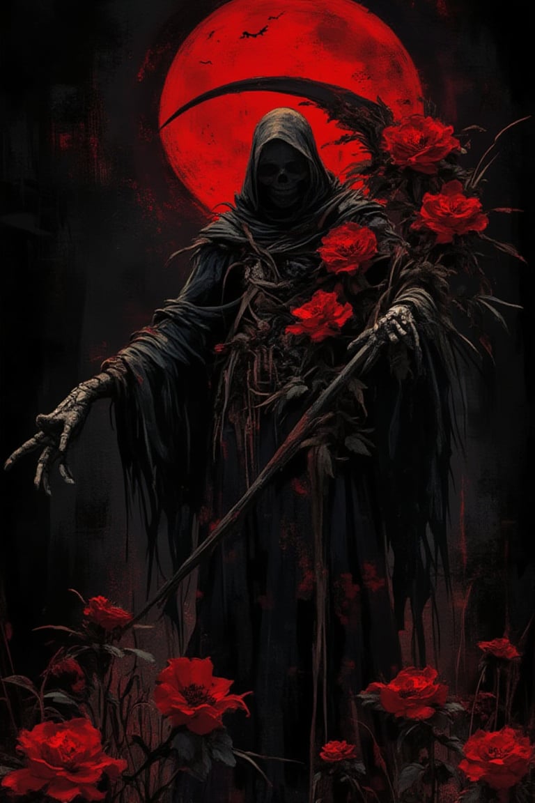 abstract art, a death reaper stand with many of darkness red flower, poster style, cinematic mood, low key style, black background, the art so complex with grunge stroke,cinematicxhan,grungeartxhan83,hanxdeadcyborg83