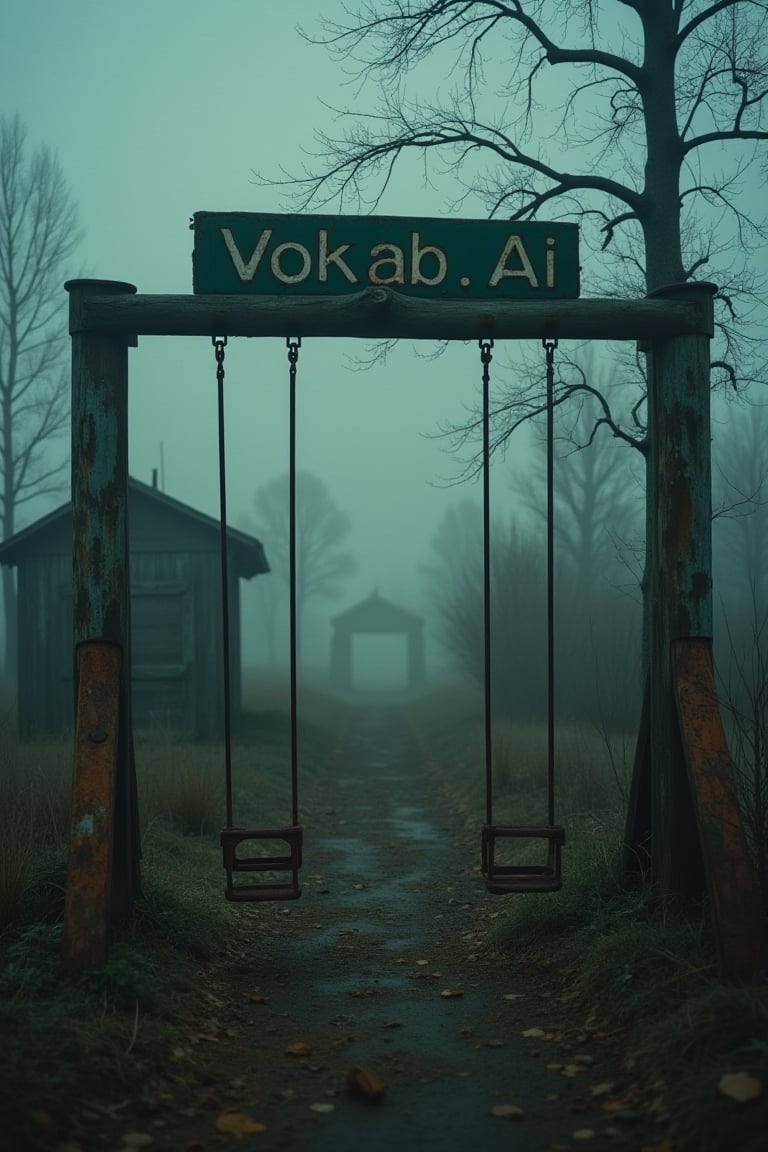 Capture a horror abandoned classical place with a broken "Vokab.Ai" signboard in an eerie moor, dimly lit in the late evening. Enhance the image with mist enveloping rusty swings, broken hut and the mud tree. The overall color mood is a chilling blend of deep grey, sickly greens and some orange brown foggy, intensifying the unsettling atmosphere., analoguehanx83