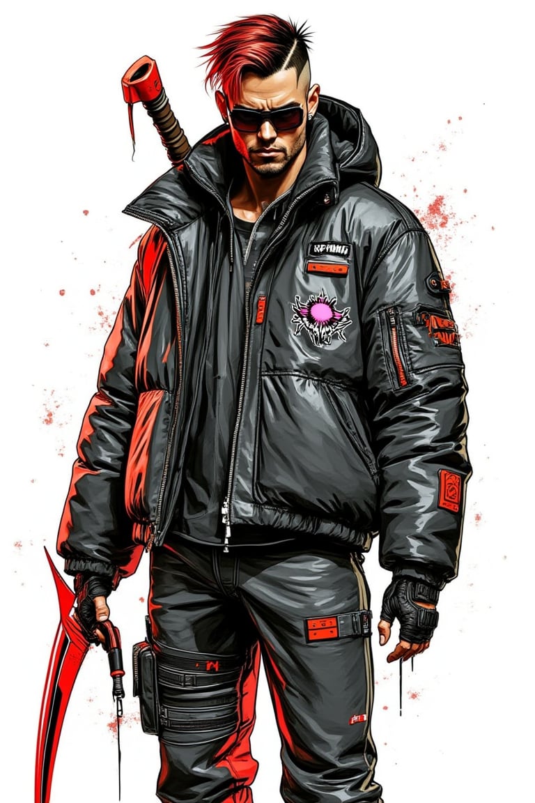 create a gaming character style, wear a cyberpunk jacket, look heavy jacket, weald a modern scythe weapon, the artwork look sketching art style, coloring with marker pen colours, the strokes art look style with colors,  white background, Japanese comic digital art style, dynamic post,mparthan83