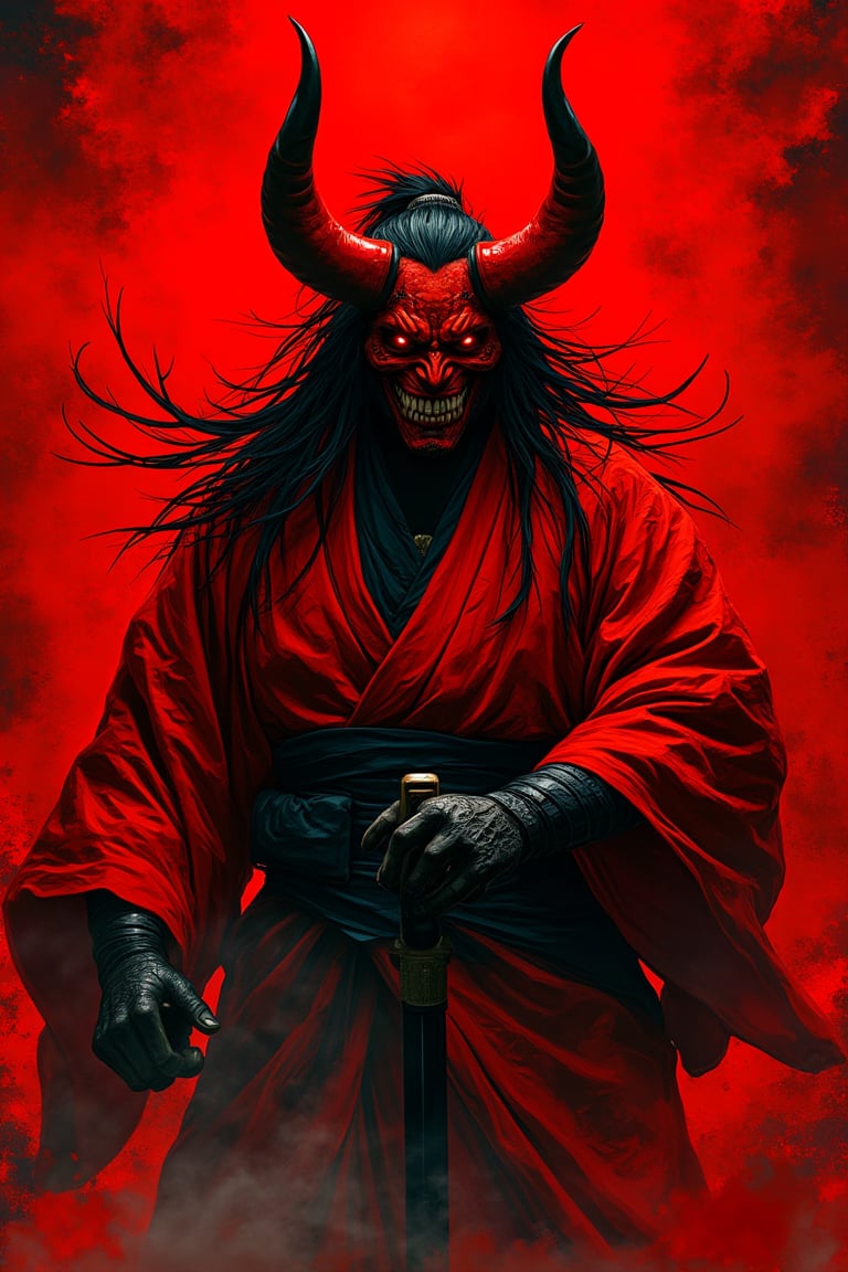 The image depicts a demonic, samurai-like figure with red horns, glowing eyes, and a fierce, twisted grin. The character is shrouded in dark smoke and wears an intricately detailed red robe while gripping a katana. The art style features sharp, dynamic strokes with intense contrast between the fiery red background and the dark, shadowy figure. The concept appears to blend traditional Japanese folklore with a menacing, modern twist, evoking themes of power and darkness. The intricate textures and bold colors enhance its sinister, otherworldly atmosphere. niji art style, ,mparthan83