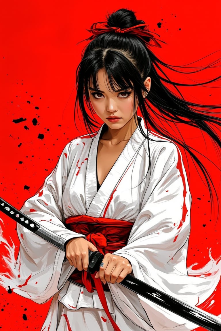 a girl with katana, slashing a karana, marker pen style, white kimono, red background