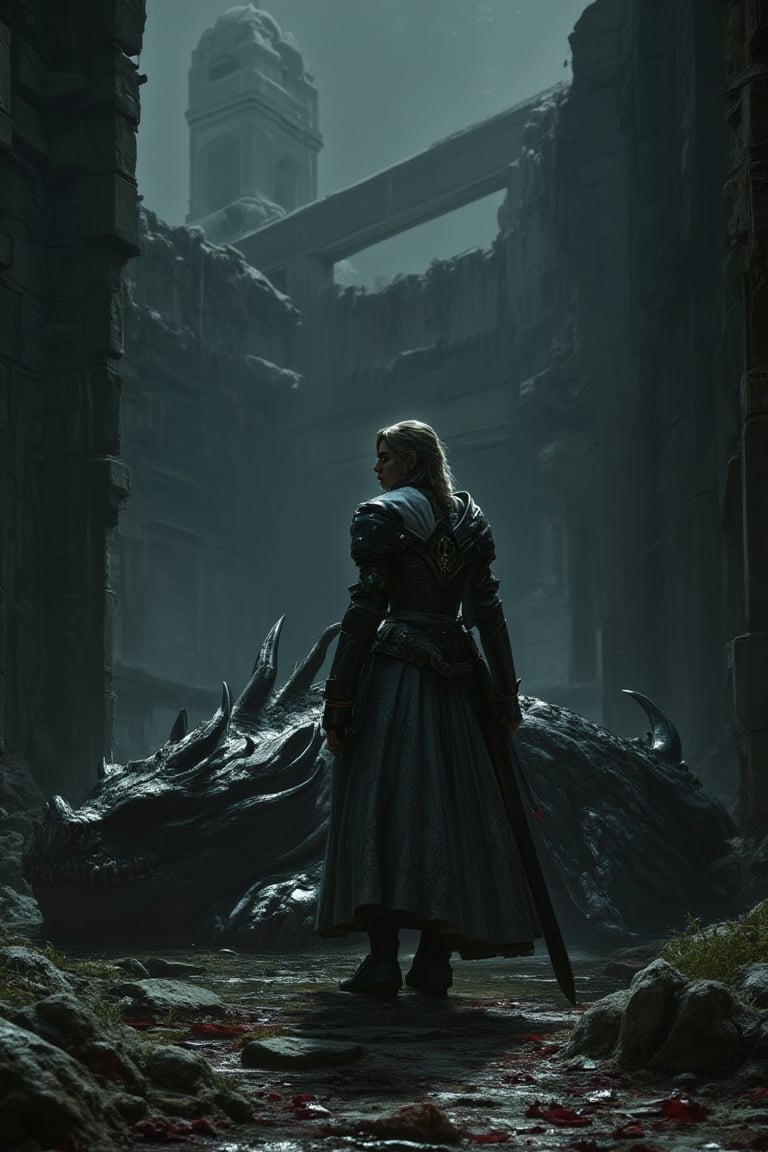 In a dramatic chiaroscuro-lit scene, a lone weaver-norn knight, donning worn armor and holding down a massive sword, stands atop the ruins of a ancient temple. At her back, a lifeless dragon sprawls, its bloodied scales glistening in the dim light. The air is heavy with mystery as she gazes out into the darkness, her face a picture of determination.,hanxsuit,mparthan83