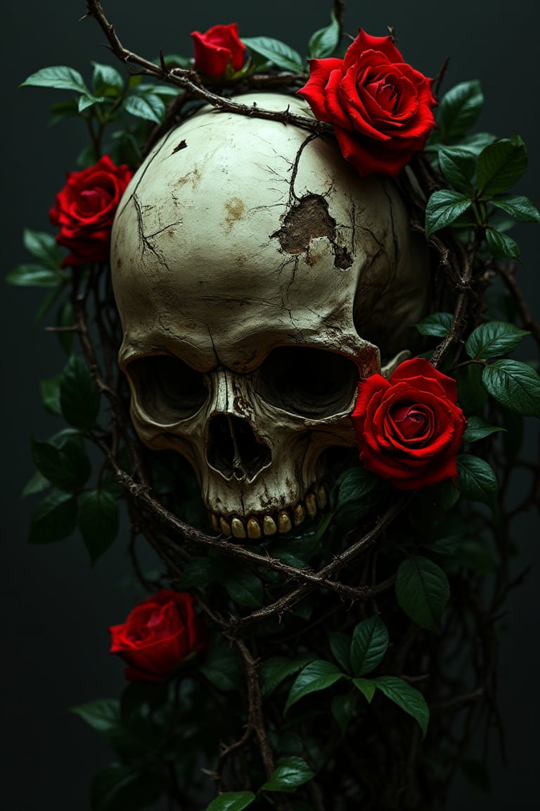 This image presents a stark, eerie composition with a weathered skull entangled in thorny vines and dark green leaves. Red roses punctuate the scene, adding a sharp contrast to the grimness of the skull. The art blends gothic and dark romantic elements, with a melancholic, almost foreboding atmosphere. The sharpness of the thorns, the skeletal form, and the vibrant roses create a juxtaposition of life and death, setting a mood of decay wrapped in beauty. The dark palette enhances the overall macabre yet captivating visual tone.,mparthan83