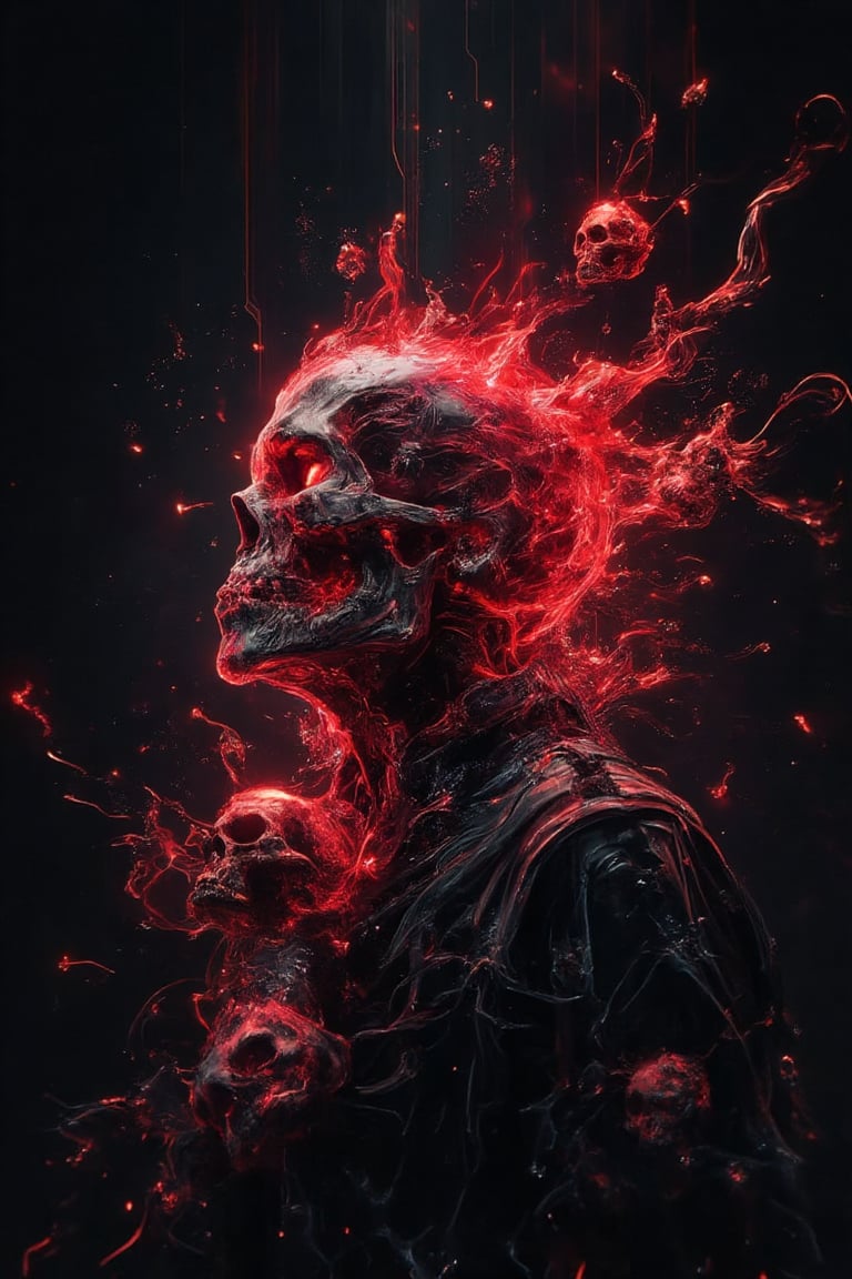 a negro man with a flying red fire skull doodles , got many fire skull doodles surrounding him, the red skull was glowing and shining effects, black and dark background, black temple as background 

Doodles,grungeartxhan83,hologram,aura