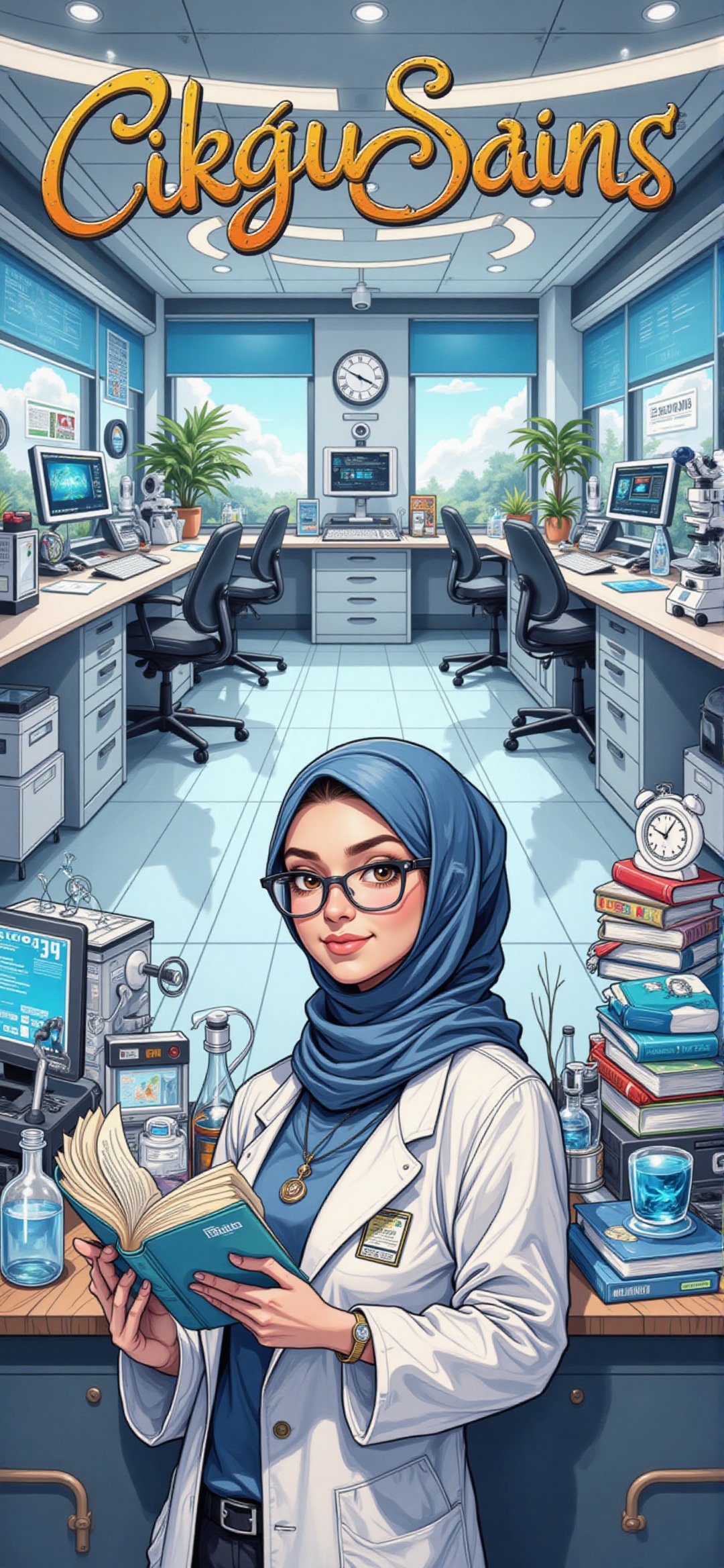 create a fun energetic logo Main logo : a hijab women teacher with books at a modern science laboratory designed with cutt...