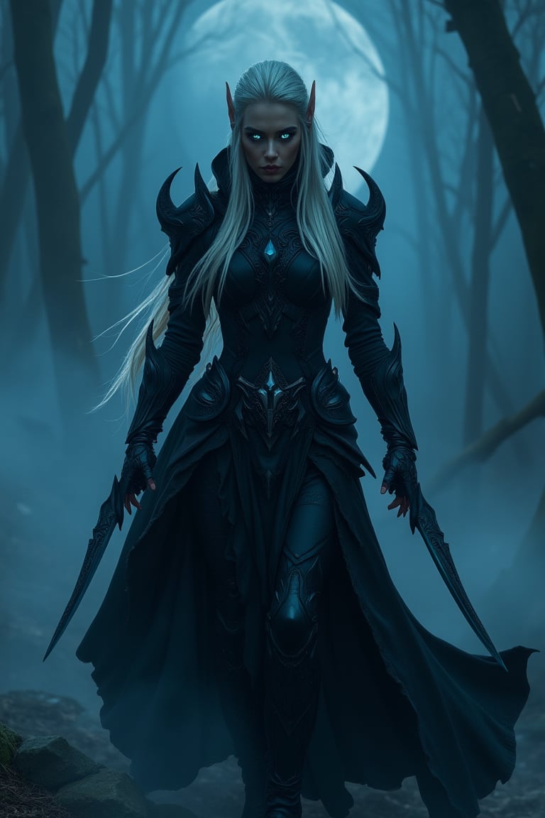 wide clos up shot, A striking elf woman with flowing white hair and white eyes lens, moonlit forest. Clad in sleek, black assassin armor, she wields curvy twin 
with deadly grace. The mood is intense, with sharp contrast highlighting the shadows Fog swirls around her feet, adding a sense of mystery. The cool tones of cyan and deep blacks dominate the color palette, enhancing the dramatic and stealthy atmosphere. ultra realistic, ultra details, human skin textures, war twin blades,mecha,cyborg,hanxhelm,cyborg 