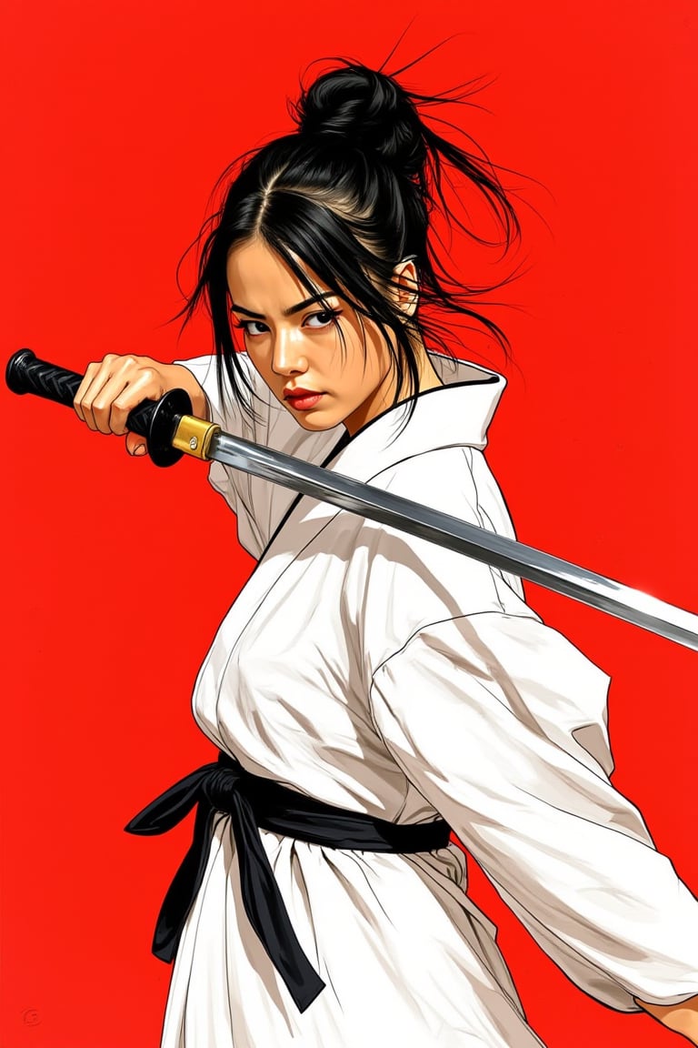 a girl with katana, dunamic pose with slashing a katana, marker pen style, white kimono, red background