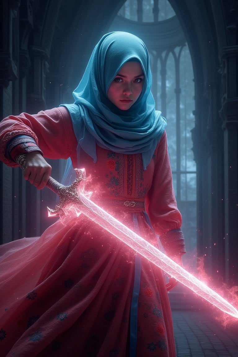 dynamic pose with swords,  fighting pose,  beuaty Russia girl wear cyan hijab, with malay traditional red colors baju kurung, floral design, , hold a hologram aura big Knight swords, the foggy effect on swords, glowing, geometric aura effect, pink aura color, 35 percent transparent, ultra realistic , ultra details, in dark castles, dimly light, cinematic moment, fully hologram auraswords, hanholo33, kurungmodern