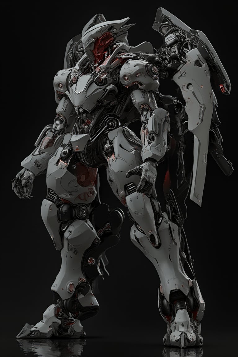 a japense mecha, grey color, main dark red, polycarbonate style, back got exobon with big wing, fully with gears and engine, futuristic, high impact, ultra realistic, black background, ultra details, intricate, japanese mecha style, exmechapolyhan83, hanxdeadcyborg83