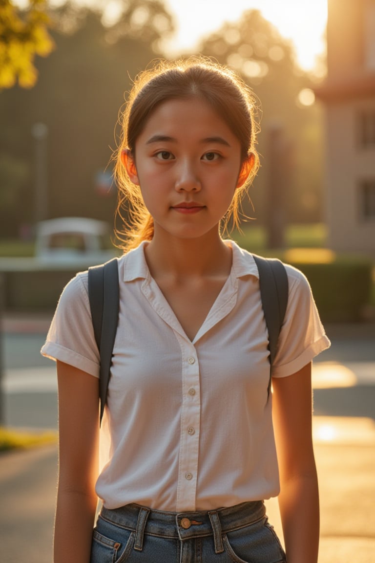 A high school student stands confidently, slouch softened by adolescent charm, subtle cleavage hinting at growth's unfolding. Morning light casts a warm glow on the campus backdrop, gentle shadows accentuating youthful features. Framed against the sun-kissed atmosphere, arms relaxed, posture exudes carefree energy as they bask in the golden light.
