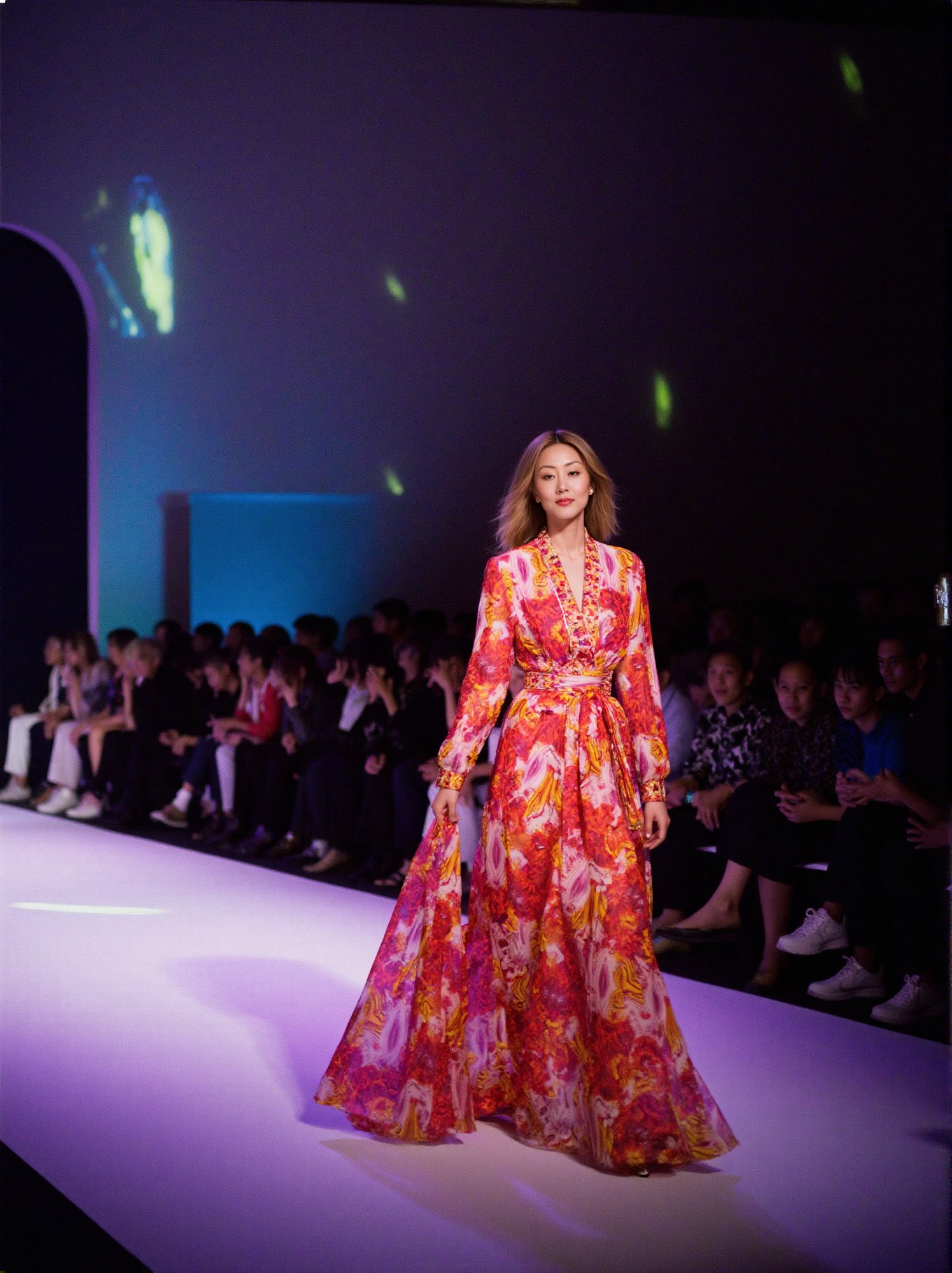 
A captivating scene unfolds:35mm film,BJ_Rainbow_light,A model is walking on the runway at a fashion show.
