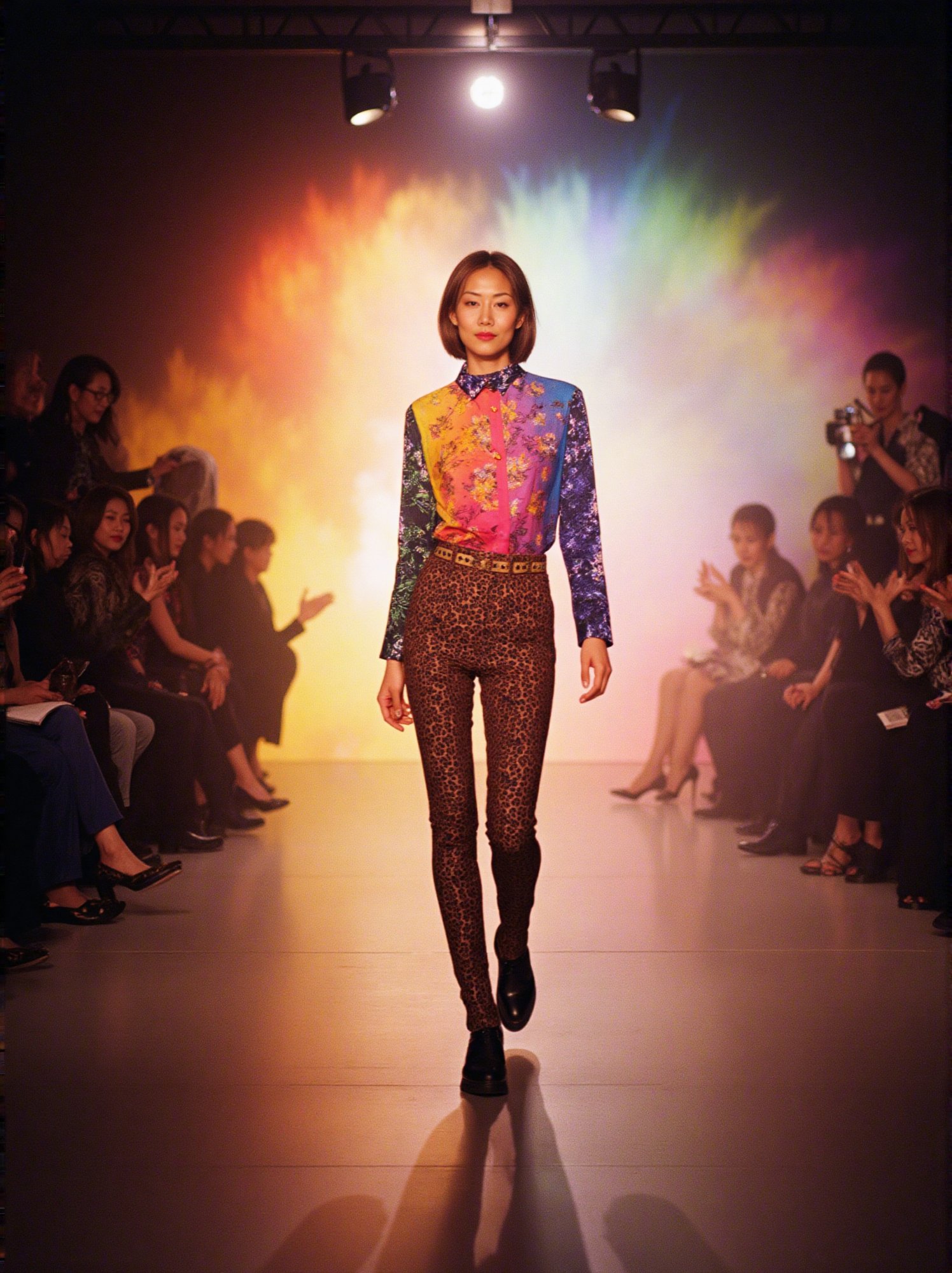 
A captivating scene unfolds:35mm film,BJ_Rainbow_light,A model is walking on the runway at a fashion show.
