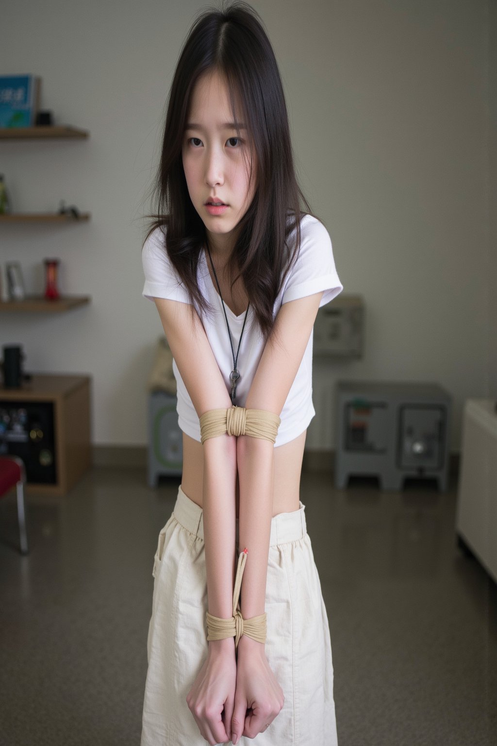  "full body include feet shot" .masterpiece,HDR,everything in focus. A china little girl with a very skinny body, Beautiful milky white skin, 10 years old, A pitiful face and crying and very sadness. elbows tied, hands tied