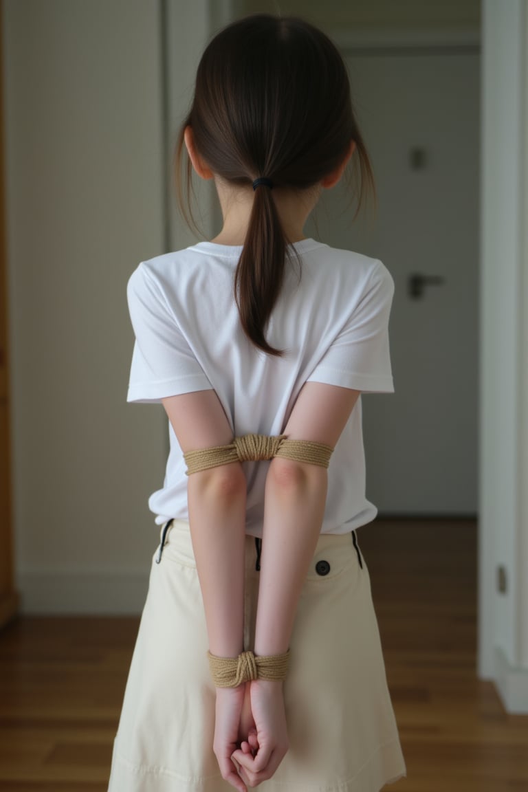 "full body include feet shot" .masterpiece,HDR,everything in focus. A china little girl with a very skinny body, Beautiful milky white skin, 10 years old,  wearing a white short t-shirt and a cream-colored cotton skirt, elbows tied, hands tied behind back, brown rope, struggling, back view, room