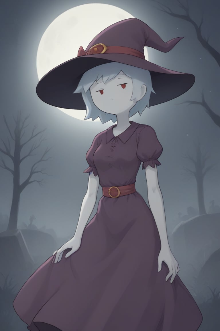 1girl, solo, witch, medium breasts, witch hat, red eyes, witch dress, misty, graveyard under the full moon, with twisted, dead trees and spectral apparitions floating above old, weathered tombstones. Mysterious and chilling ambiance.,adventure time,dot eyes