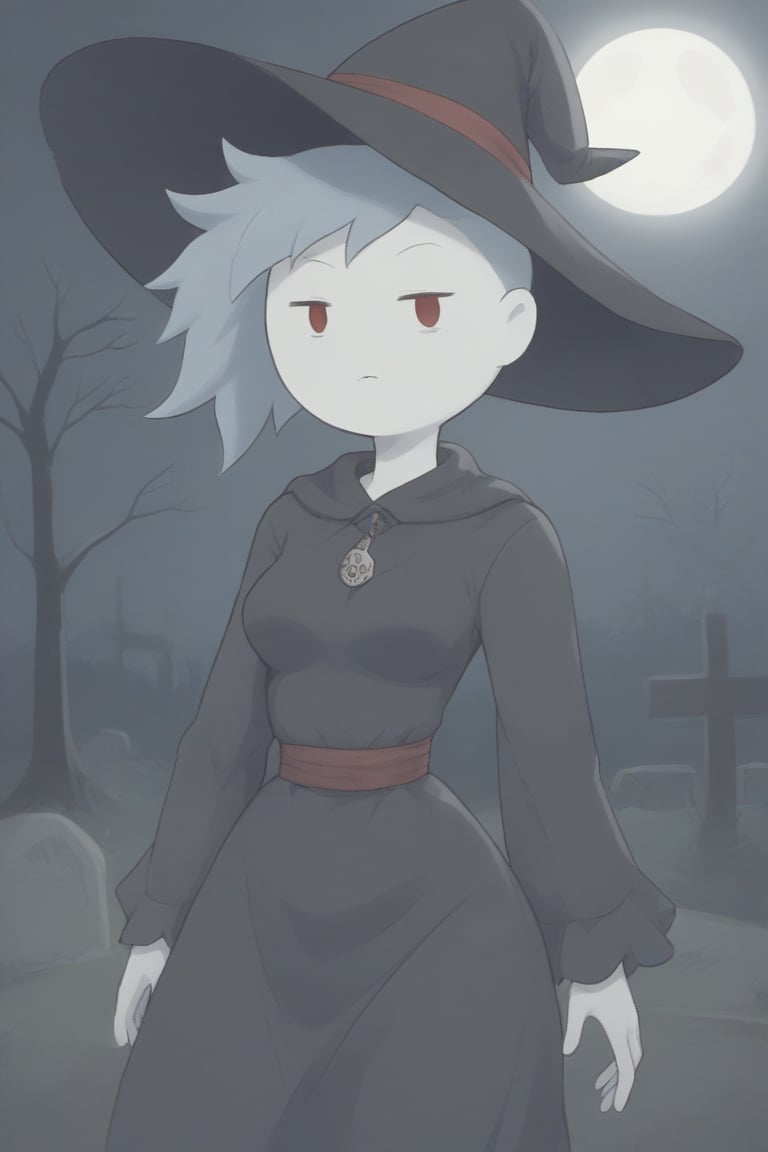 1girl, solo, witch, medium breasts, witch hat, red eyes, witch dress, misty, graveyard under the full moon, with twisted, dead trees and spectral apparitions floating above old, weathered tombstones. Mysterious and chilling ambiance.,adventure time,dot eyes