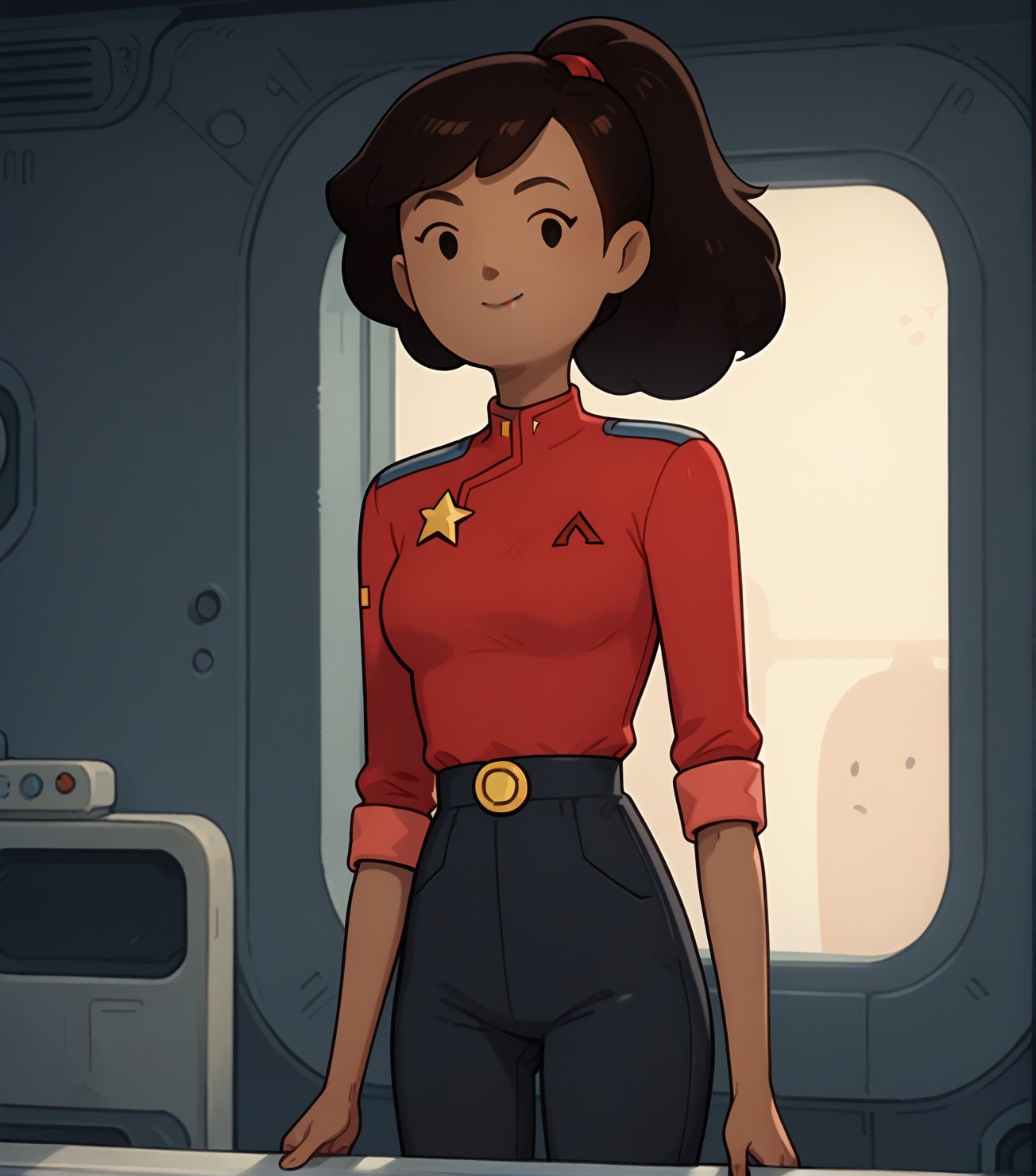 score_9, score_8_up, score_7_up, score_6_up, score_5_up, score_4_up, 1girl, solo, Beckett Mariner, dark skin, dark-skinned female, ponytail, brown hair, inside a star trek lower decks starship, sttldunf star trek black and red uniform, black pants, standing, smile, , looking at viewer,adventure time,dot eyes