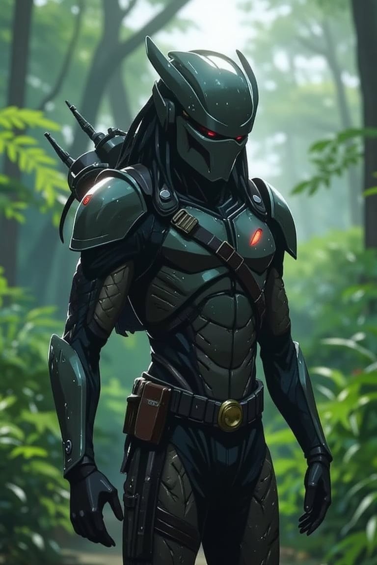 "A predator alien wearing full armor in the jungle."