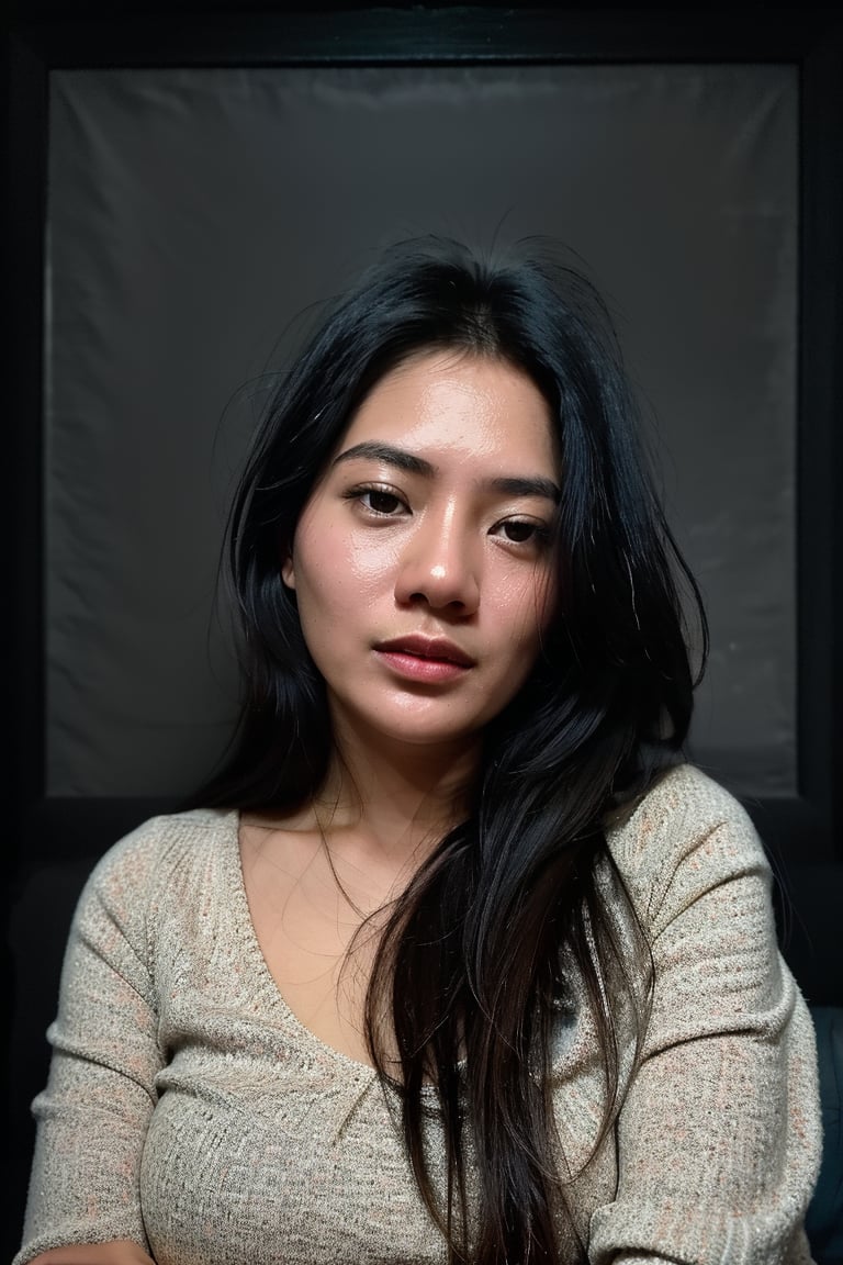 A stunning portrait of a girl with high detailed skin and luscious black hair, set against a dark background in a dimly lit room. Her gorgeous locks frame her puffy eyes, which seem to sparkle in the soft glow of rim lighting. The atmosphere is intimate and mysterious, as if captured on a dark night indoors.