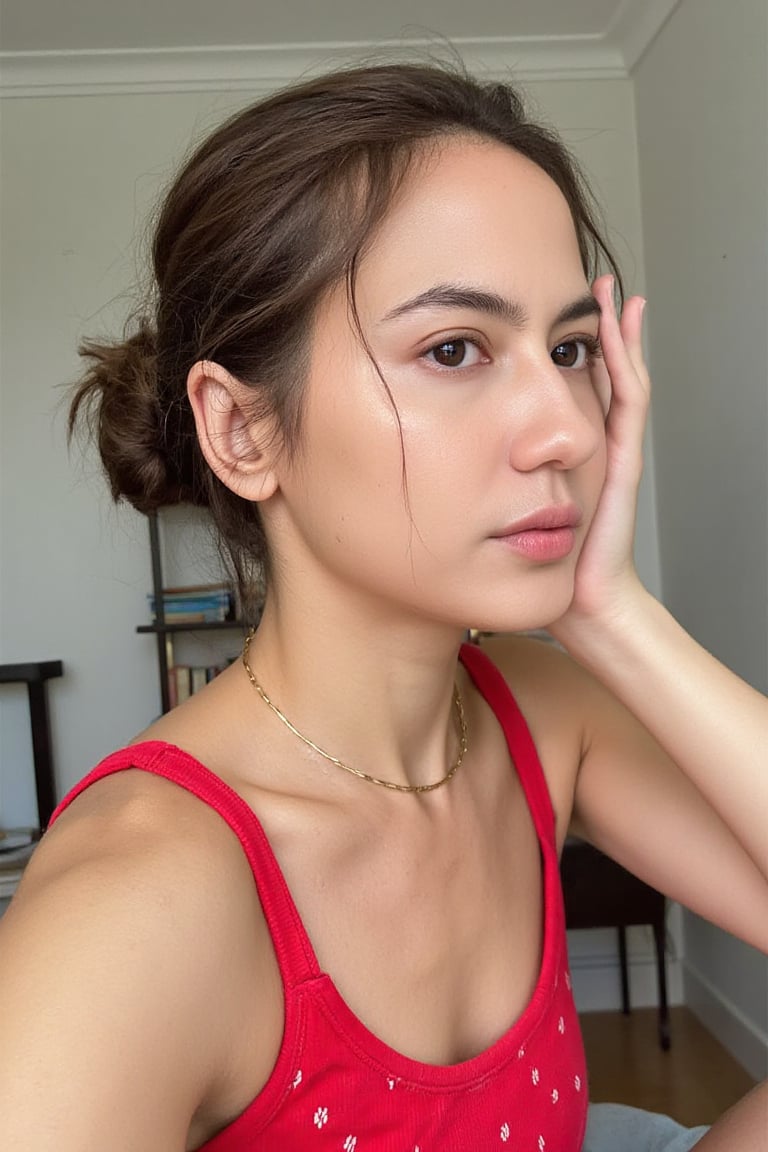 An image of a young hot woman PevitaPearce  looking sexi to the camera with a soft, natural complexion and a low bun hairstyle, featuring loose strands of hair on the right side of her face. She poses semi-profile, facing slightly to the right, with her gaze meeting the camera. She wears a sleeveless red top with a small white dot pattern and a delicate gold necklace. The lighting is soft and natural, accentuating her thoughtful  sexi expression, against a softly blurred background.full líps making pouts 