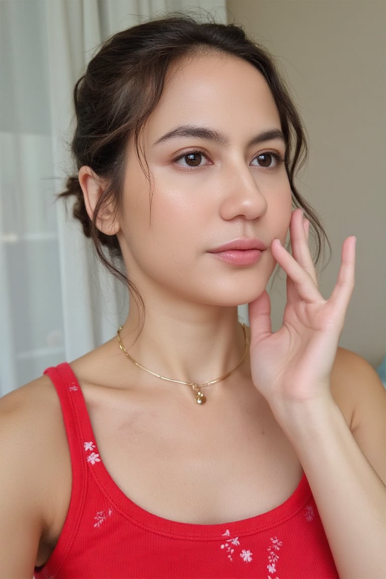 An image of a young woman PevitaPearce with a soft, natural complexion and a low bun hairstyle, featuring loose strands of hair on the right side of her face. She poses semi-profile, facing slightly to the right, with her gaze meeting the camera. She wears a sleeveless red top with a small white dot pattern and a delicate gold necklace. The lighting is soft and natural, accentuating her thoughtful expression, against a softly blurred background.