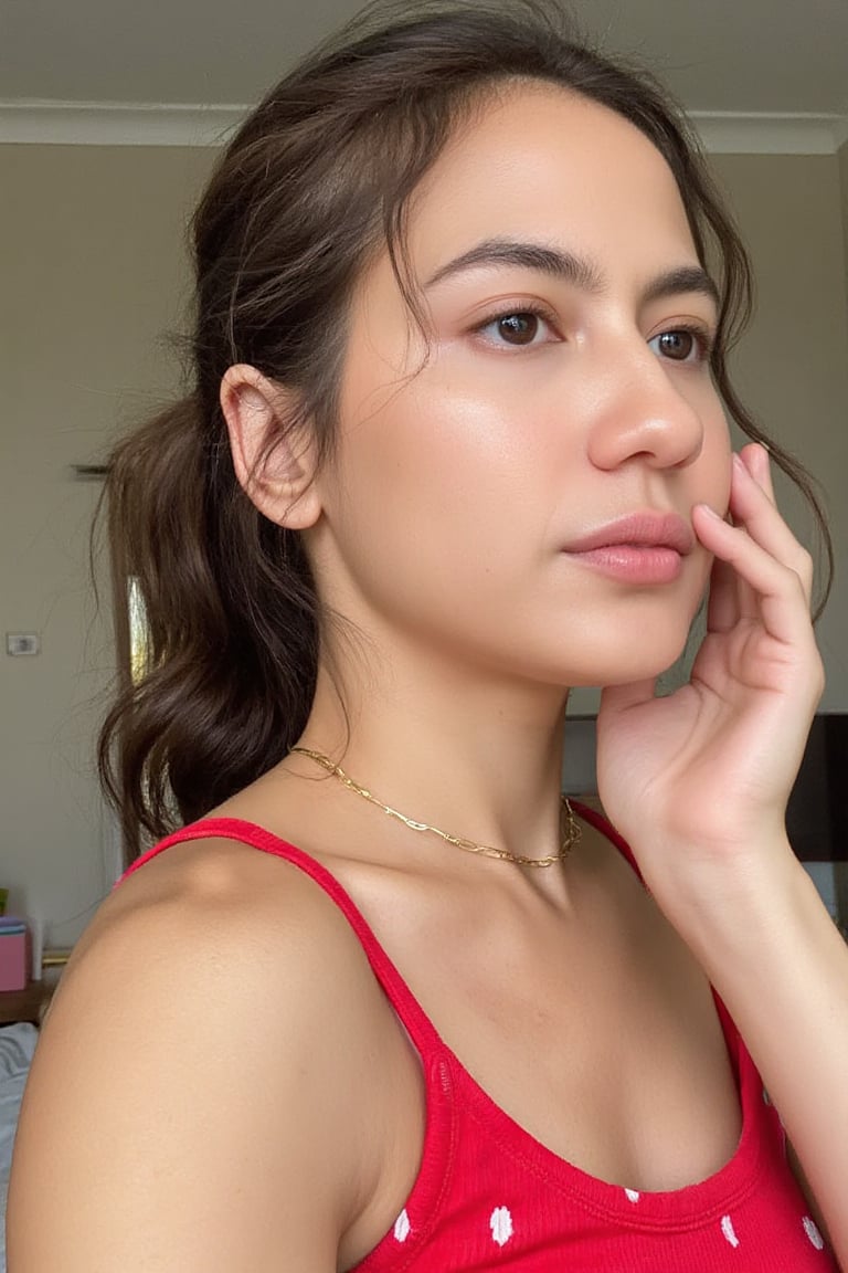 An image of a young woman PevitaPearce with a soft, natural complexion and a low bun hairstyle, featuring loose strands of hair on the right side of her face. She poses semi-profile, facing slightly to the right, with her gaze meeting the camera. She wears a sleeveless red top with a small white dot pattern and a delicate gold necklace. The lighting is soft and natural, accentuating her thoughtful expression, against a softly blurred background.