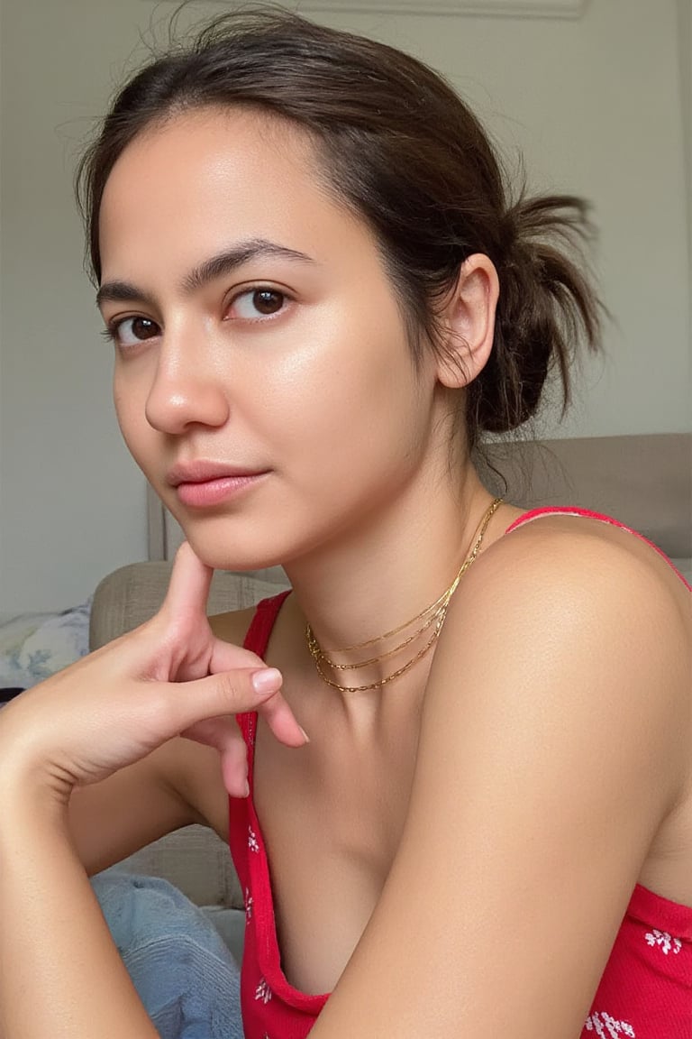 An image of a young hot woman PevitaPearce  looking sexi to the camera with a soft, natural complexion and a low bun hairstyle, featuring loose strands of hair on the right side of her face. She poses semi-profile, facing slightly to the right, with her gaze meeting the camera. She wears a sleeveless red top with a small white dot pattern and a delicate gold necklace. The lighting is soft and natural, accentuating her thoughtful  sexi expression, against a softly blurred background.full líps making pouts 