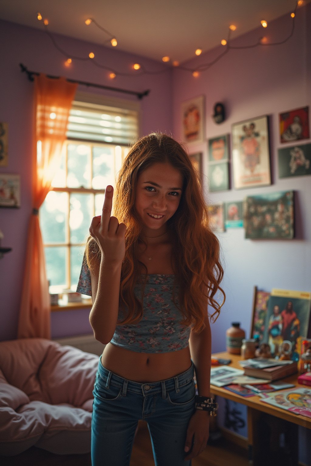 In the cozy confines of her cluttered bedroom, a spirited 14-year-old girl stands defiantly, her expression a mix of rebellion and youthful exuberance. The walls, painted a soft lavender, are adorned with posters of her favorite bands, vibrant and filled with energy, while fairy lights twinkle overhead, casting a warm, inviting glow. Sunlight filters through the partially drawn curtains, illuminating the scattered books and colorful stationery sprawled across her desk.

With a mischievous smirk, she raises her hand, defiantly showing the middlefinger, flippingthebird, a cheeky gesture that underscores her spirited personality. Her long, wavy hair tumbles loosely around her shoulders, catching the light with hints of copper and gold. The room is filled with the faint sound of upbeat music playing from a small speaker, its rhythms harmonizing with her bold attitude.

A plush, oversized beanbag chair sits invitingly in one corner, its fabric worn yet comfortable, hinting at countless hours spent daydreaming and planning adventures. The air carries a mix of floral perfume and the faint scent of popcorn from a recent movie marathon. This moment captures not just a gesture of rebellion but a glimpse into the vibrant world of a teenager full of dreams, aspirations, and an unapologetic streak of independence.