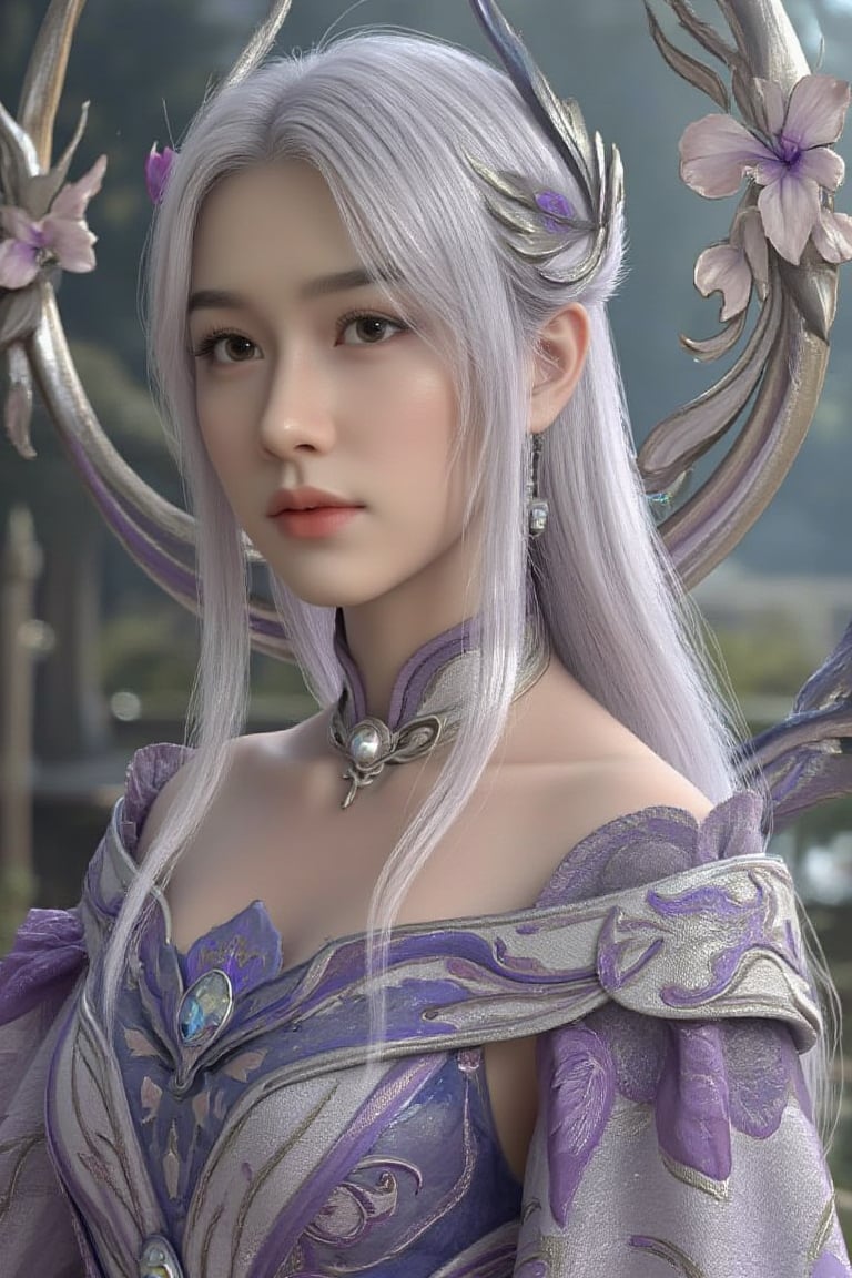 A breathtaking head portrait of a Korean warrior girl, framed by a majestic flower garden on a hilltop. Her long, straight white hair cascades down her back like a river of silk. The subject's skin texture is ultra-detailed, showcasing intricate pores and delicate features. A beautiful pose showcases her strength and femininity. Behind her shoulders, a floating decoration glows with an ethereal light, as if suspended by magic. Rim lighting creates a dramatic effect, with lens flare engulfing the scene in a warm, golden glow, drawing the viewer's eye to the warrior girl's stunning visage.,perikecilarmor,Perfect Eyes,Detailed skin,Skin blemish,detailed photorealism style,hands,realistic