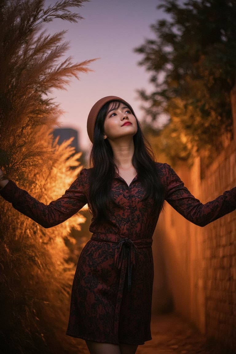 Vibrant eclectic portrait of a young Korean woman standing confidently against soft feathery foliage spilling into frame at dusk, warm orange glow casting mystical ambiance. Bold graphic-print dress and matching hat adorn her as she outstretches arms embracing freedom, gazing upwards lost in thought amidst twinkling city lights behind, blurred cityscape faintly visible.