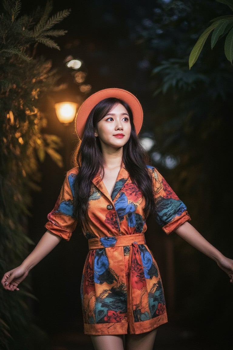 A vibrant and eclectic portrait of a young Korean woman! The subject stands confidently in front of a blurred cityscape at dusk, with a warm orange glow casting a mystical ambiance. She wears a bold, graphic-print dress with a matching hat, its bright colors and geometric patterns creating a striking visual contrast against the soft, feathery foliage that spills into the frame from behind her. Her arms are outstretched, as if embracing the freedom of the night, while her gaze is directed upwards, lost in thought amidst the twinkling city lights.