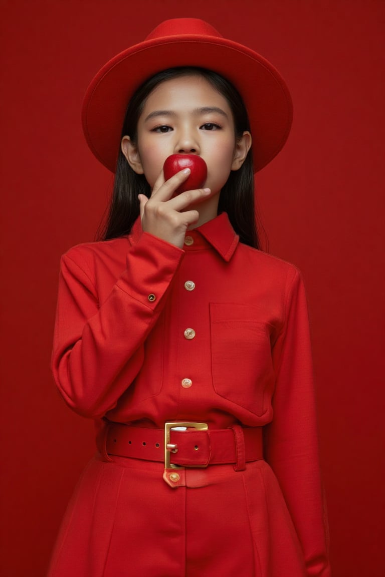 A striking close-up shot of a young girl, dressed in a vibrant red ensemble, holds a crimson apple against her bright red lips. Her gaze is direct, confidence exuding from her piercing stare. The soft focus bokeh background adds depth, while the intricate details of her outfit - including the matching hat, belt, and accessories - create a visually stunning frame.