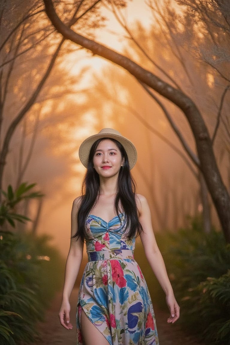 A radiant young Korean woman stands tall, arms outstretched, against a whimsical backdrop of soft feathers bathed in warm orange dusk's ambiance. She wears a bold graphic-print dress and matching hat, embracing freedom with an introspective gaze upwards. Twinkling city lights blur behind her, framed by lush foliage and the golden glow of sunset. Colorful splashes dance across her dress as she radiates confidence and joy.