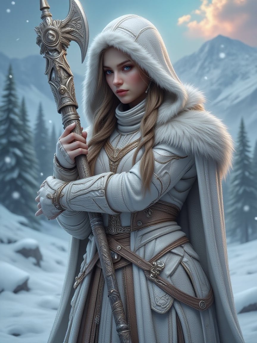 A lady warrior,  she's wearing fluffy fur winter outfit covered in thick snow and ice. Her blue sharp eyes are focused on...
