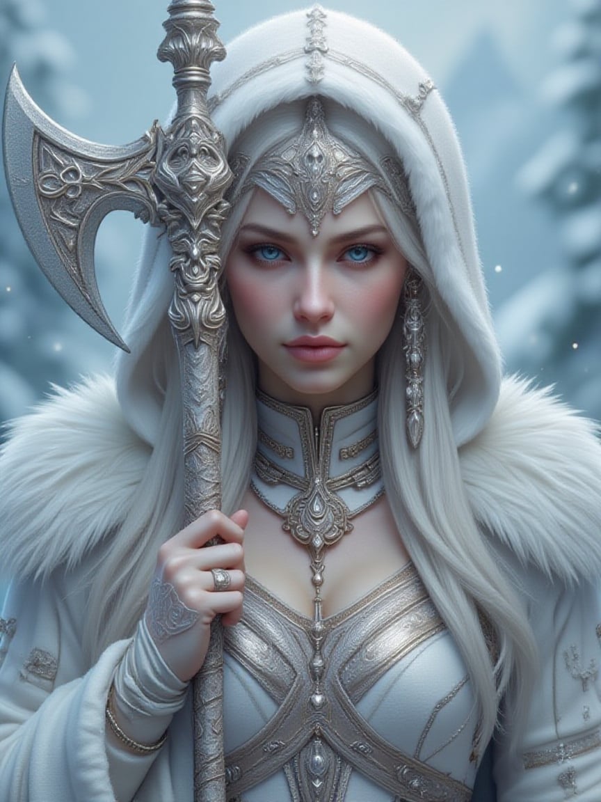A lady warrior,  she's wearing fluffy fur winter outfit covered in thick snow and ice. Her blue sharp eyes are focused on...