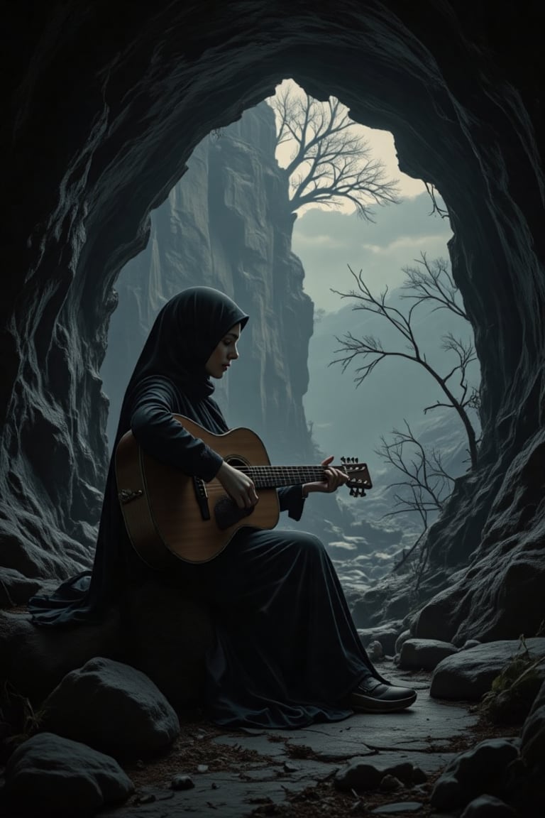 A black gothic-style artwork of a woman in a hijab, sitting gracefully at the edge of a cave, playing a guitar. The scene combines gothic aesthetics with a dramatic silhouette effect. She appears serene and focused, her figure silhouetted against the dark, shadowy cave entrance. Surrounding her, intricate patterns merge with natural stone textures, blending gothic elements with the mystery of the cave. The scene is illuminated by faint, mystical light that enhances the silhouette, casting her in both shadow and subtle detail. The overall atmosphere is mysterious, serene, and hauntingly beautiful.,LinzGothic,cinematicxhan