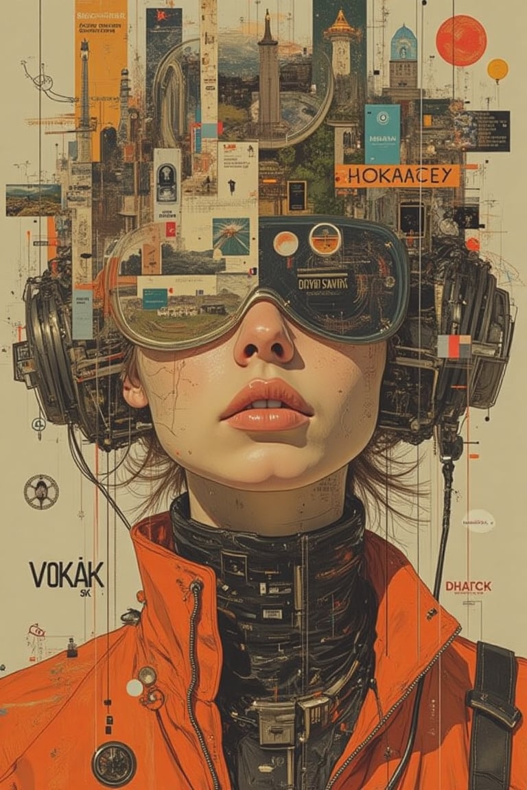 A visually complex digital collage with a surrealistic touch. The central focus is a distorted, abstracted face of a young russian happy lady in cyberpunk orange suit, The person's features are fragmented and overlaid with a variety of mixed media elements, such as scenery images, portrait images, diagrams, neonlines, and other graphical elements. The composition is characterized by a chaotic, layered arrangement. Graphic Text at the bottom “VOKAB 5K” The distorted, disjointed features and the incorporation of diverse visual elements suggest a theme of the blurring of boundaries between the physical and digital realms.