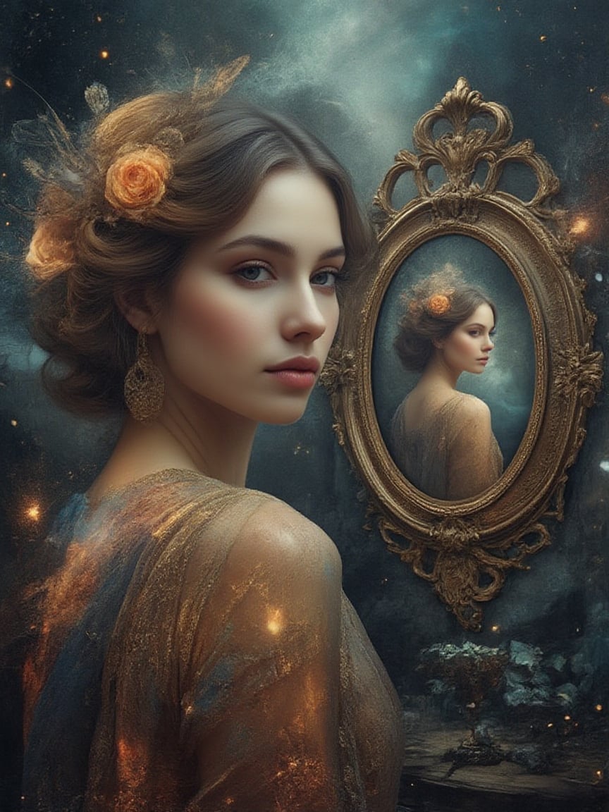 A captivating and vibrant double exposure photograph with a cinematic edge,  featuring a figure standing in a dimly lit,...