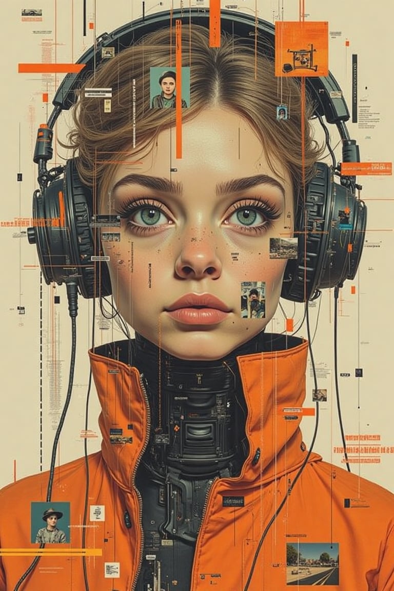 A visually complex digital collage with a surrealistic touch. The central focus is a distorted, abstracted face of a young russian happy lady in cyberpunk orange suit, The person's features are fragmented and overlaid with a variety of mixed media elements, such as scenery images, portrait images, diagrams, neonlines, and other graphical elements. The composition is characterized by a chaotic, layered arrangement. The distorted, disjointed features and the incorporation of diverse visual elements suggest a theme of the blurring of boundaries between the physical and digital realms.