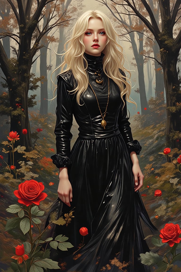 A gothic blonde hair woman in black dress, walking in a magical forest holding a  bouquet of red rose, fantasy artwork, shiny tonalism, light and ornate, digital illustration, captivatingly atmospheric, backlight, realistic in the style of karmaNinja, 1940s-1950s