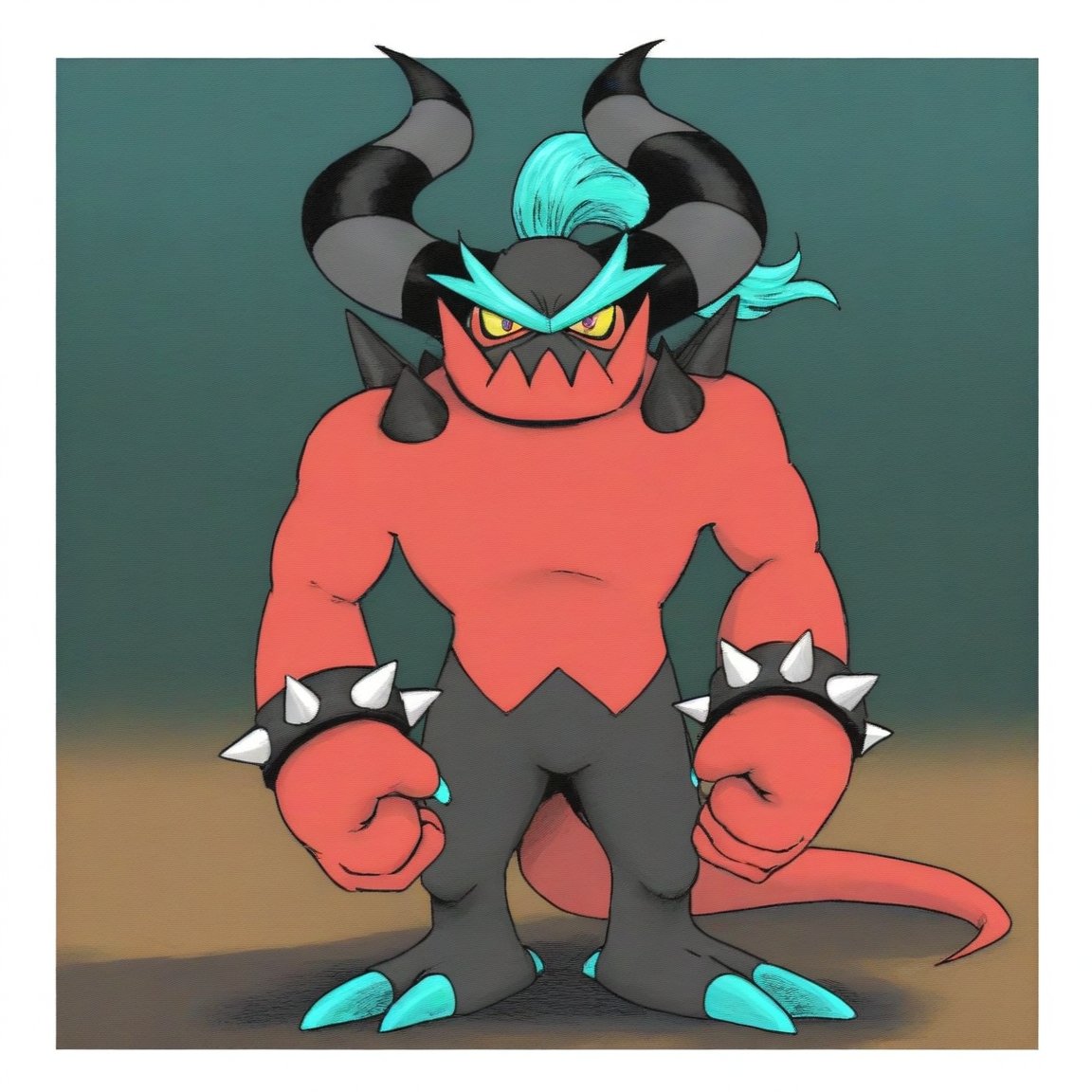 zavok_deadlysix, looking at viewer, closed mouth, jewelry, standing, tail, full body, yellow eyes, male focus, horns, bracelet, pokemon (creature), no humans, aqua hair, colored skin, border, frown, motion lines, white border, furry, clenched hand, claws, outside border, spikes, colored sclera, clenched hands, alternate color, black sclera, spiked collar, red skin, spiked bracelet, multicolored skin, yellow sclera, black skin, shiny pokemon, solo, spikes lower lip, spikes mouth