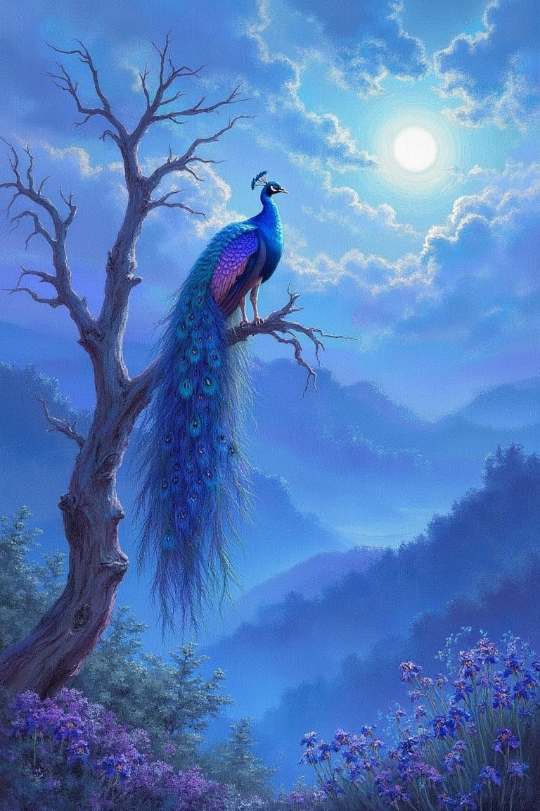 score_9,score_8_up,score_7_up, in the style of Frank Frazetta: bird, peacock on a dead tree, blue feathers, purple wings, purple tail, fumes, fog, dim sun, mountains, bush, iris flowers, idyllic atmosphere, blue filter, painting in shades of blue, detailed background, best quality, amazing quality, best aesthetic