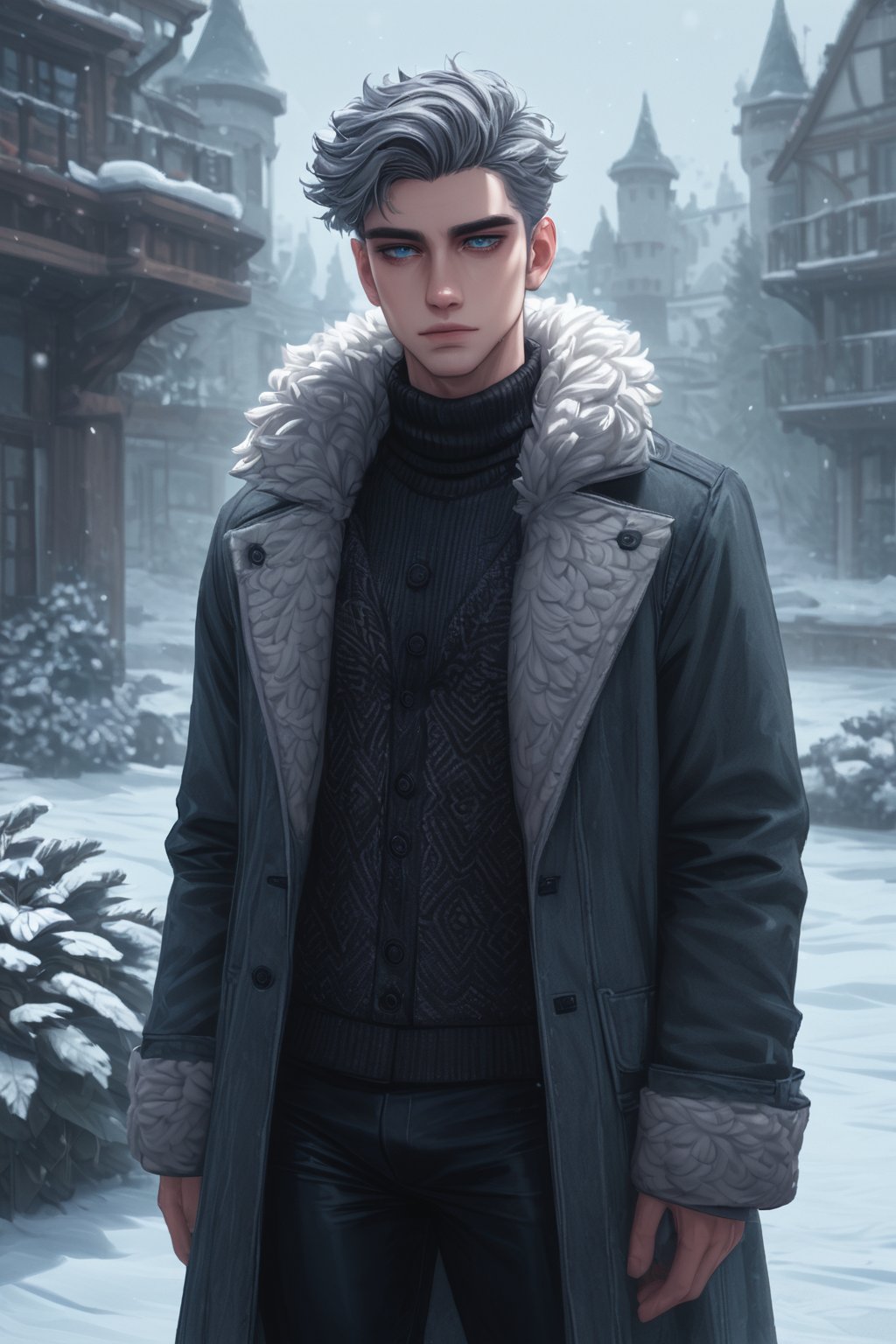 Score_9, Score_8_up, Score_7_up, volumetric, twilight, winter season, gothic, 0r0ch1, [by: dimwitdog], by: pixelsketcher, enchanting_eyes, (aesthetic, haunting), 1man, 20 years, short gray hair, black eyebrows, blue eyes, black tight pants, brown wool coat, devil, rich, bleak,standing, surrounded by bushes, fores, winter, frost, garden, glowing windows, castle at background, snow,19 century, intricate