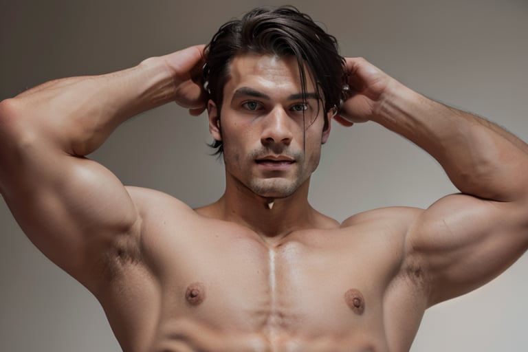 A close-up shot of the tall, muscular boy, his piercing blue eyes fixed straight ahead, his dark hair styled neatly, a slight stiffness to his facial expression as he stands firm, showcasing his chiseled physique against a neutral background, the lighting highlighting every defined muscle.