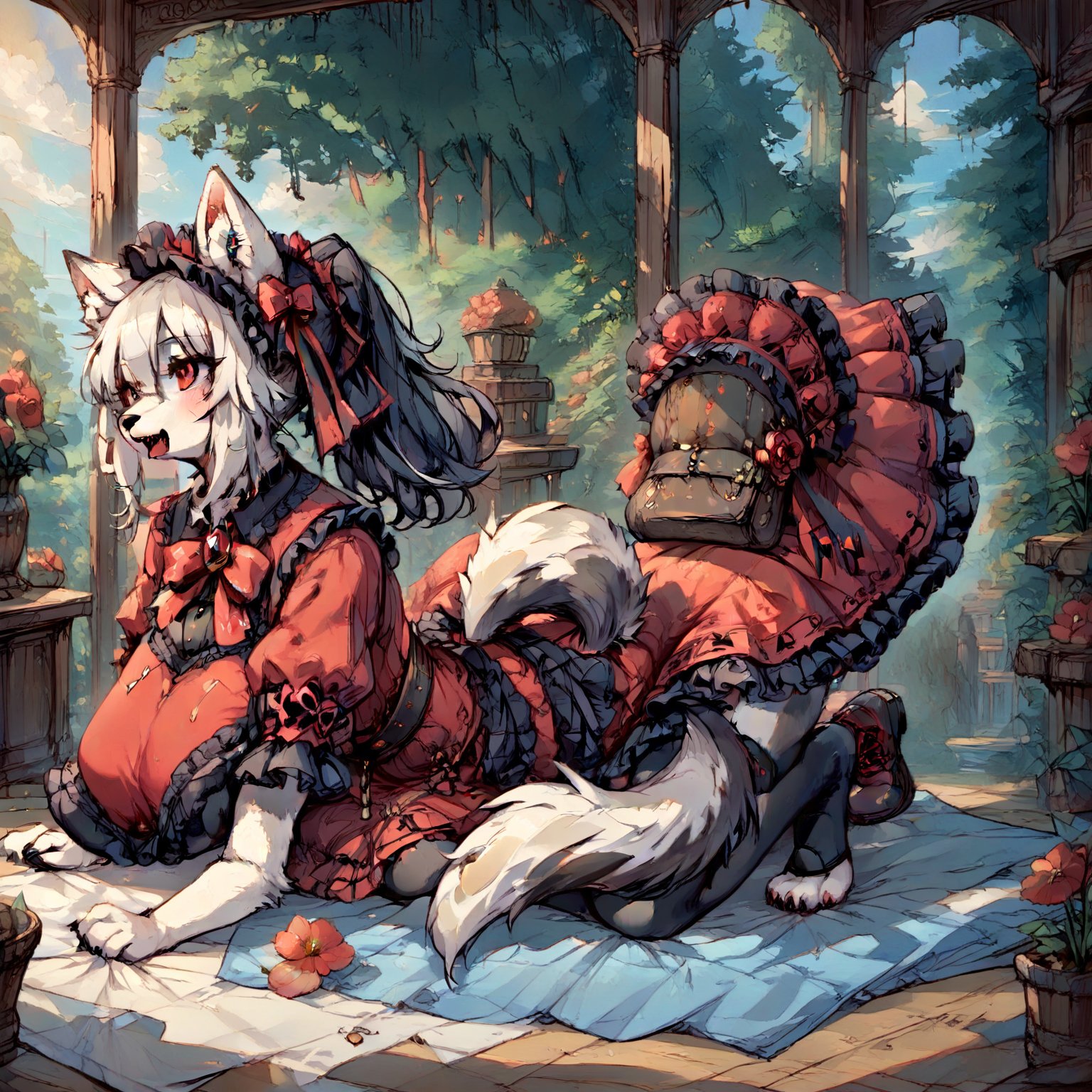 Wolf Girl in Gothic Lolita attire: a full-body portrait of a mystical figure with white fur covering her entire body, including ears and tail. Her piercing red eyes seem to hold a secrets as she poses confidently amidst a mysterious atmosphere. Score: 9+. Anime-inspired illustration with a hint of furry fantasy.,score_9,score_8_up,score_7_up,source_anime,BREAK,furry,more detail XL