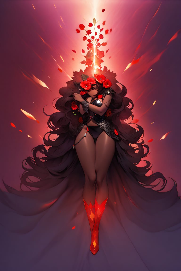 In a mystical forest bathed in soft, ethereal light, a headless young woman with long silver curly hair and striking red eyes poses eerily beautiful. Her dark skin glistens as she holds her own dissevered head in one hand, surrounded by intricate black bikini armor adorned with vibrant red flower accents that seem to pulsate with an otherworldly energy. The flowers' delicate petals and stems are textured with lifelike detail, contrasting stunningly against her dark skin tone. ((full body))