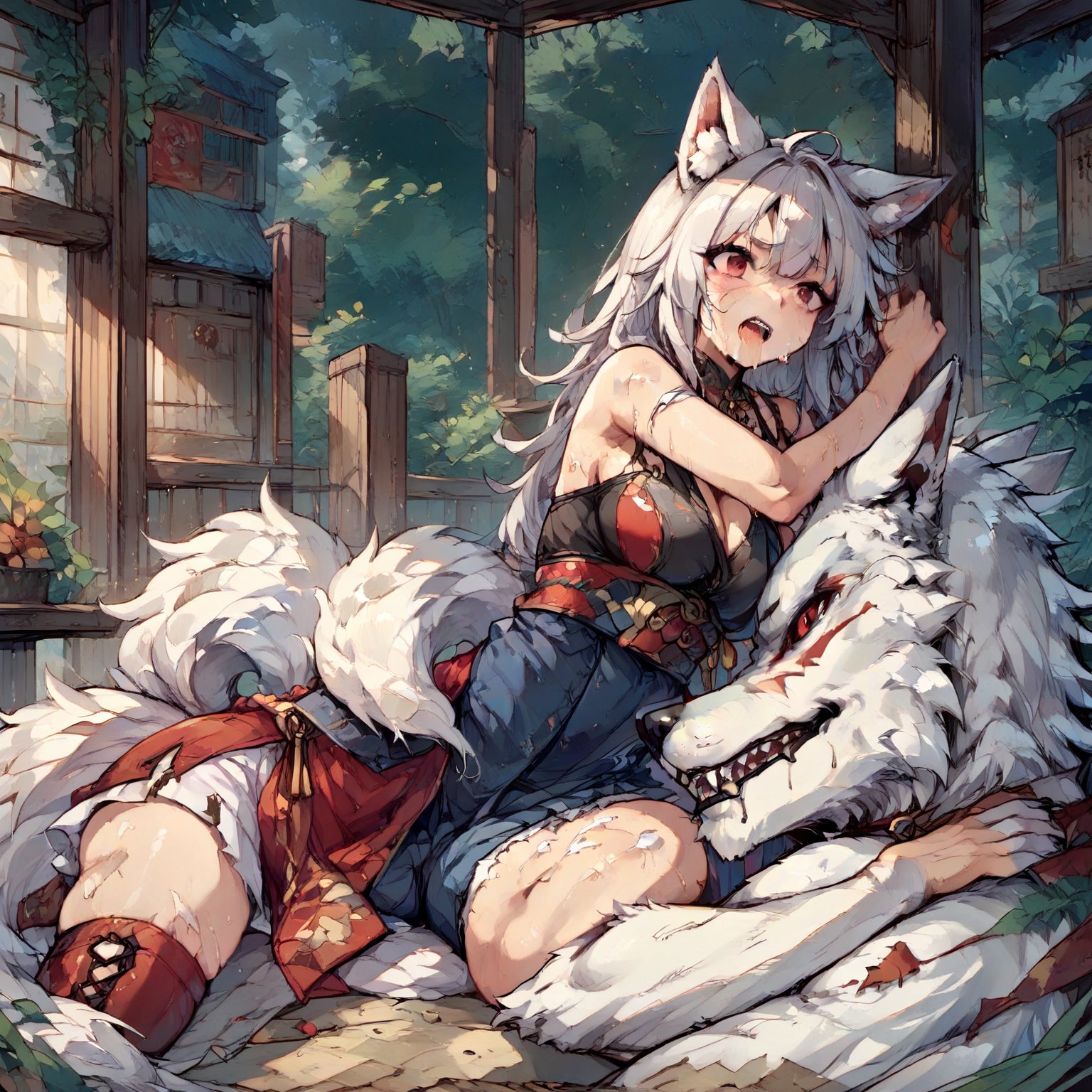 wolf girl,white wolf fur,white wolf ears,red eyes,white wolf tail,score_9,score_8_up,score_7_up,source_anime,BREAK,furry