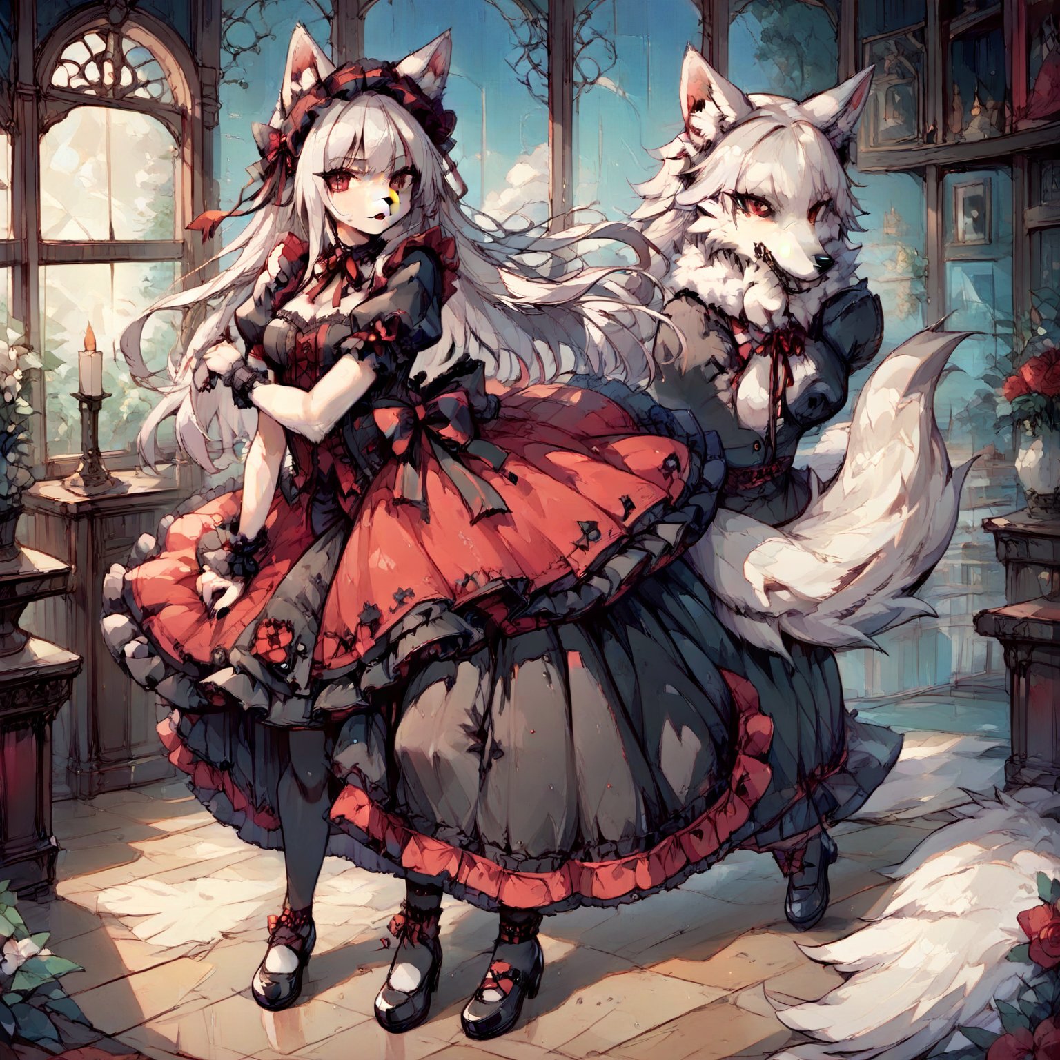 wolf girl,fur body,white wolf fur,white wolf ears,red eyes,white wolf tail, gothic lolita,full body,score_9,score_8_up,score_7_up,source_anime,BREAK,furry